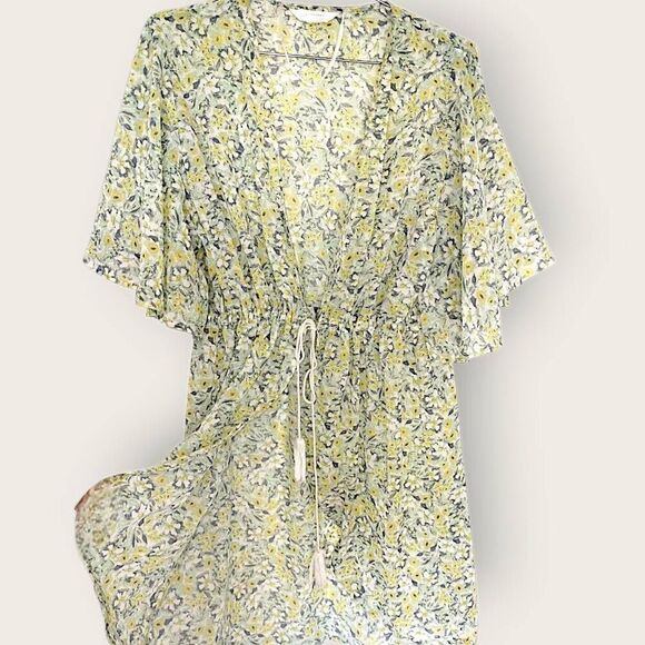 Lauren Conrad Womens Coverup Butter Yellow Green Floral Sheer Waist Tie Beachy - Picture 3 of 12